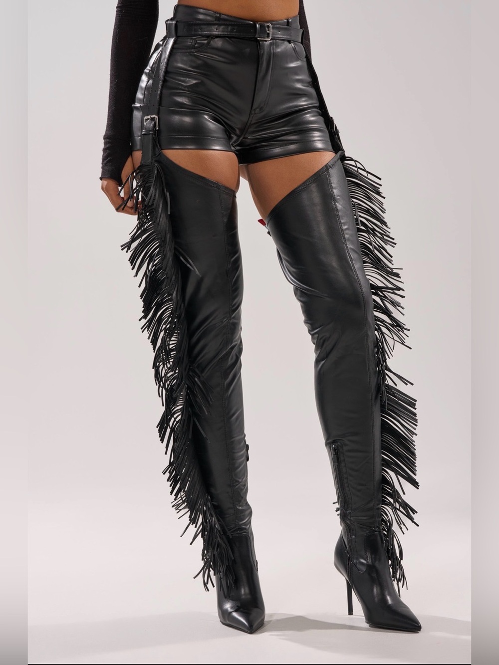 Fringe Over-the-Knee Stiletto Boots - Black chaps belt